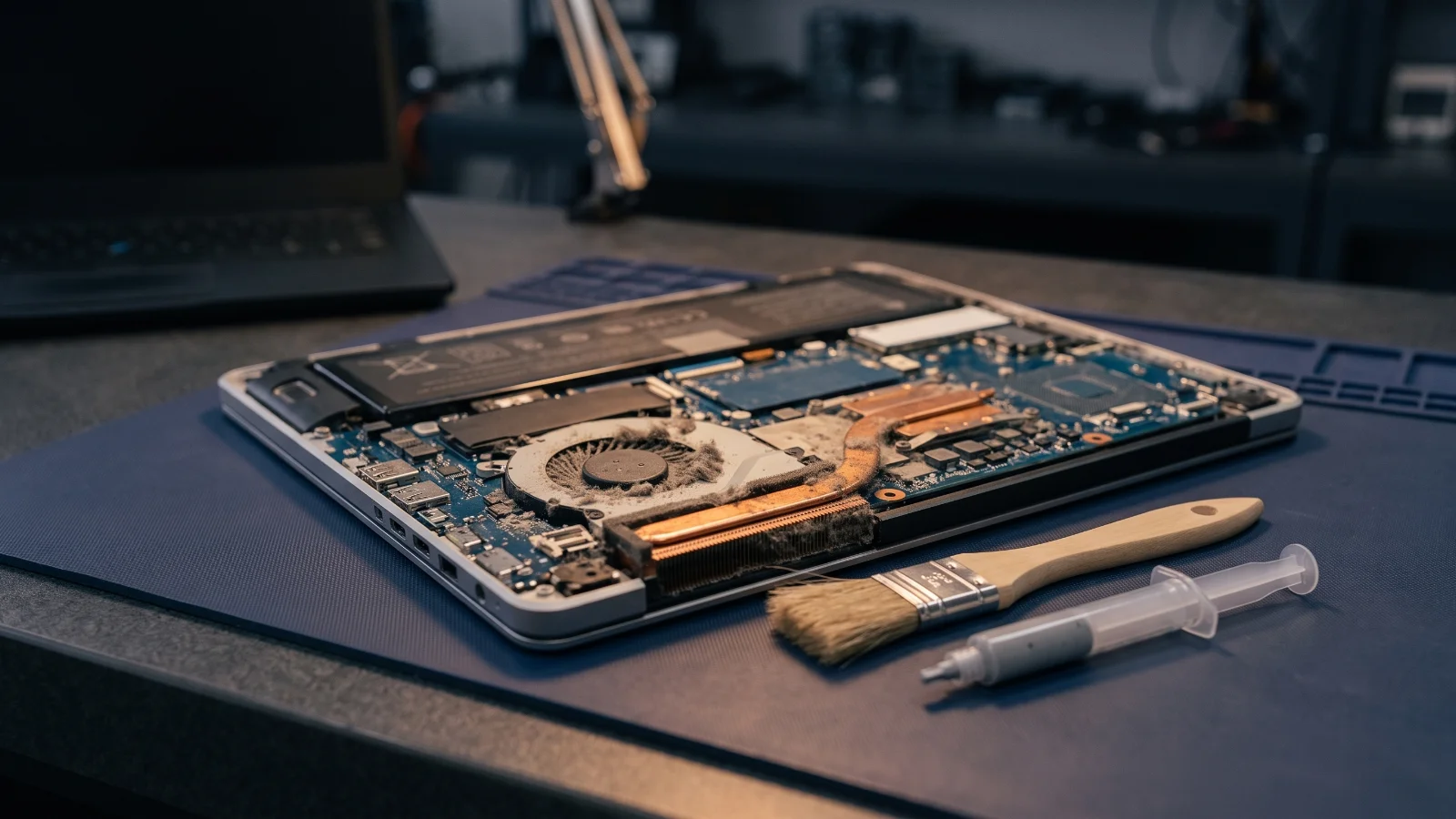 Kasası açılmış laptopta fan ve soğutucu